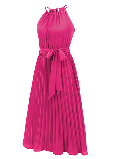 Pleated Spaghetti Strap Tie Waist Midi Dress-Angel Casuals