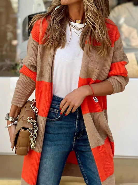 Contrast Open Front Long Sleeve Cardigan-Angel Casuals