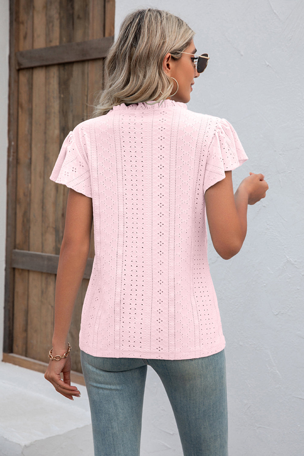 Eyelet Notched Neck Flutter Sleeve Top-Angel Casuals