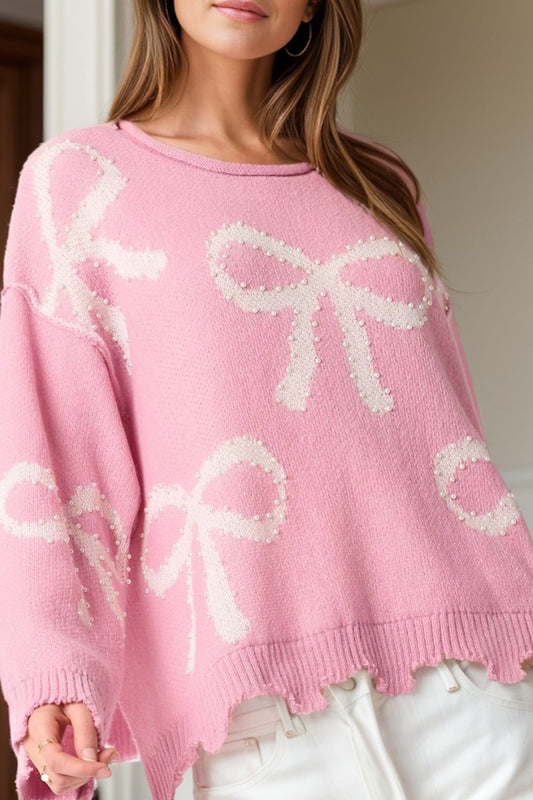 Pearl Detail Bow Round Neck Long Sleeve Sweater-Angel Casuals