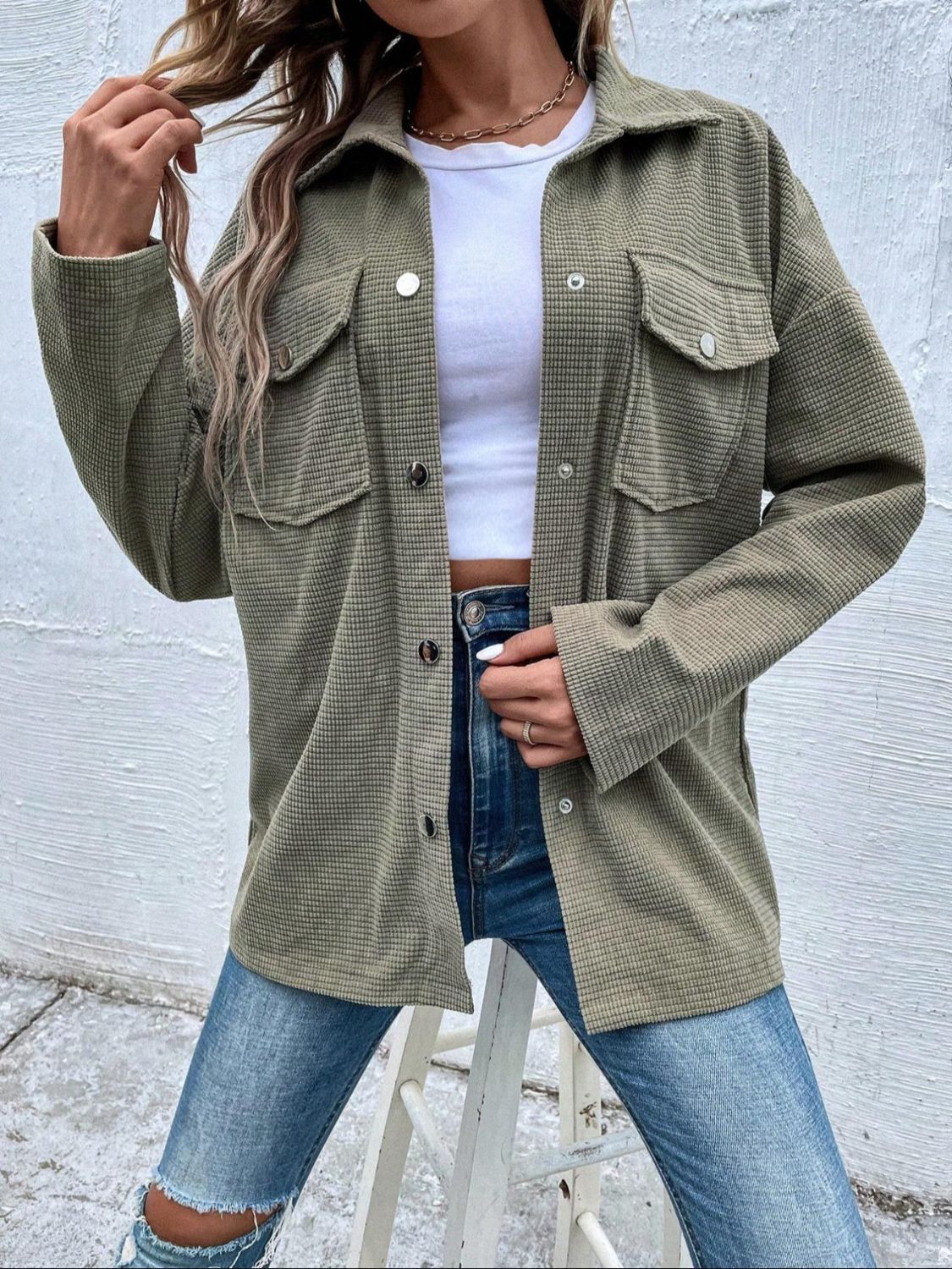 Snap Down Collared Neck Drop Shoulder Jacket-Angel Casuals