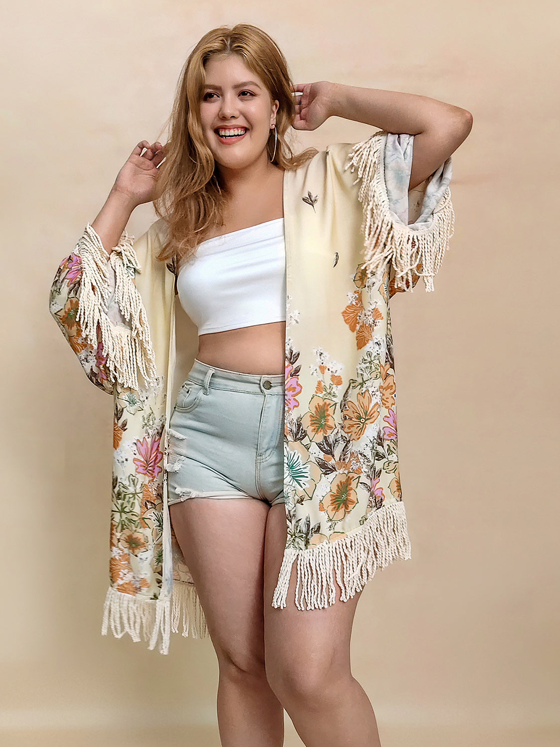 Plus Size Fringe Printed Open Front Cardigan-Angel Casuals