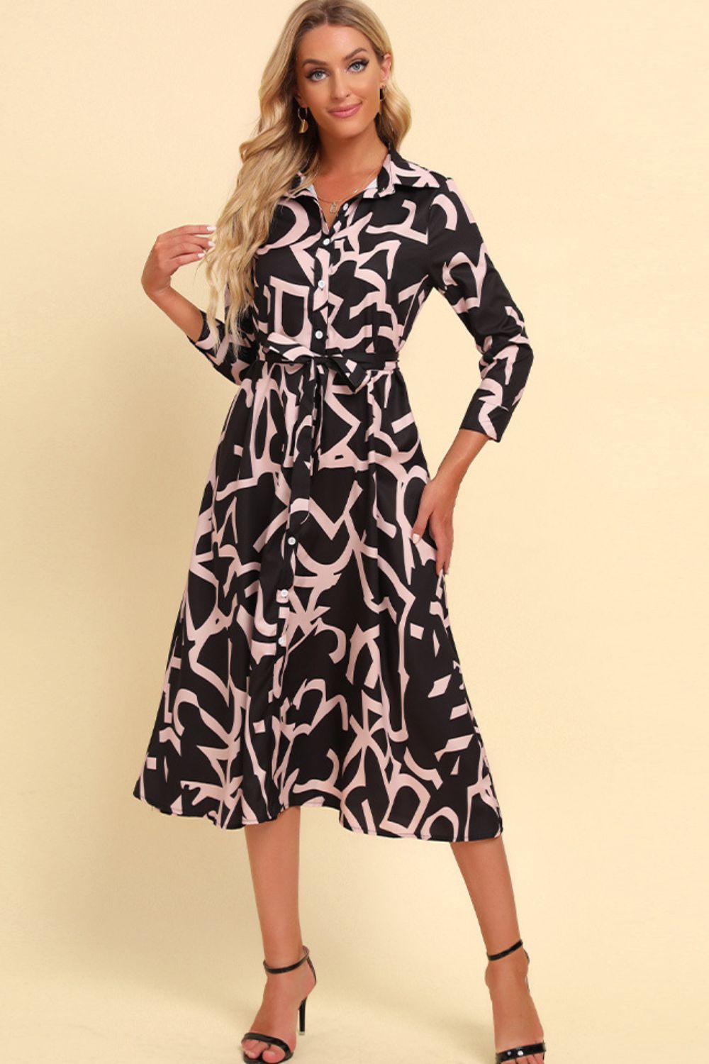 Printed Button Front Belted Midi Dress-Angel Casuals