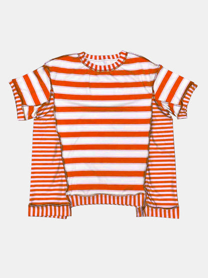 Full Size Contrast Stitching Striped Round Neck T-Shirt-Angel Casuals