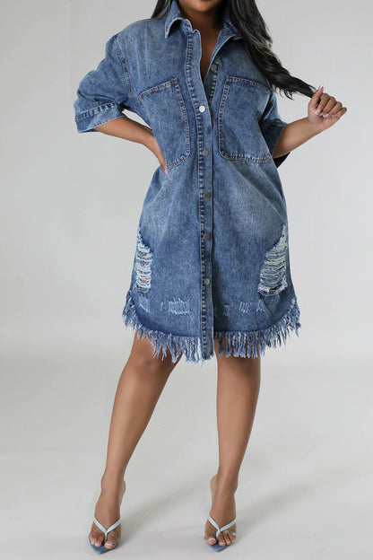 Distressed Raw Hem Button Up Denim Dress-Angel Casuals