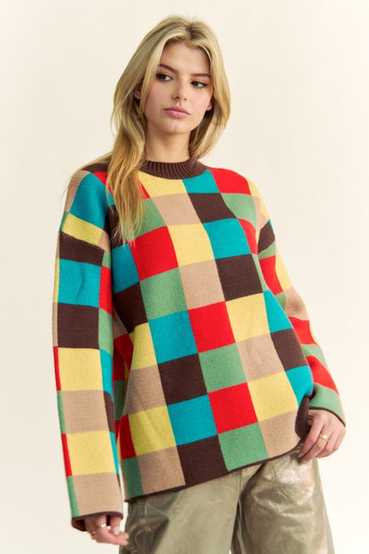 Davi & Dani Color Block Checkered Dropped Shoulder Sweater-Angel Casuals