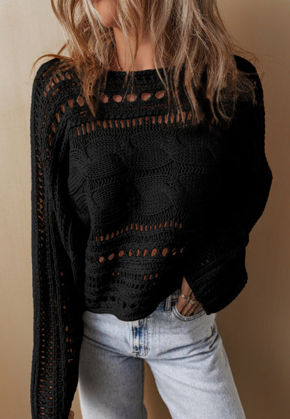 Openwork Cable Knit Long Sleeve Sweater-Angel Casuals