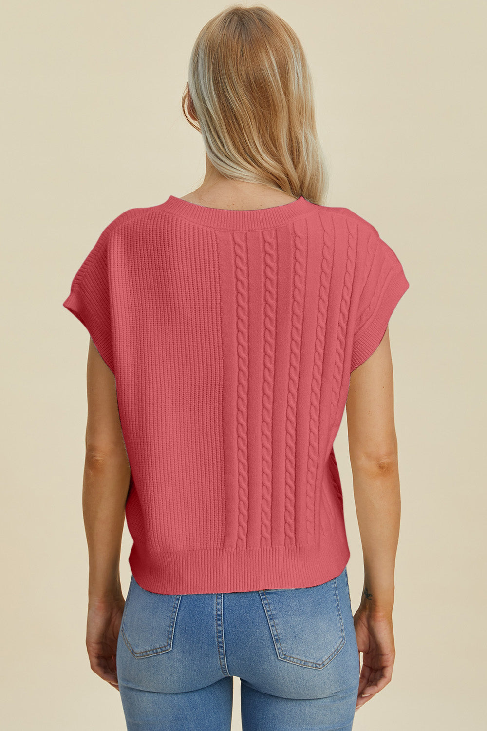 Double Take Full Size Cable-Knit Round Neck Short Sleeve Sweater-Angel Casuals