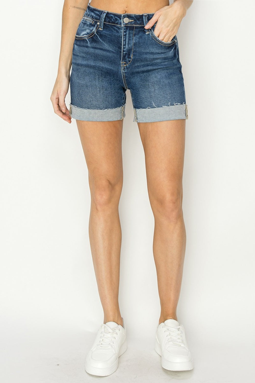 RISEN High Rise Cuffed Denim Shorts-Angel Casuals