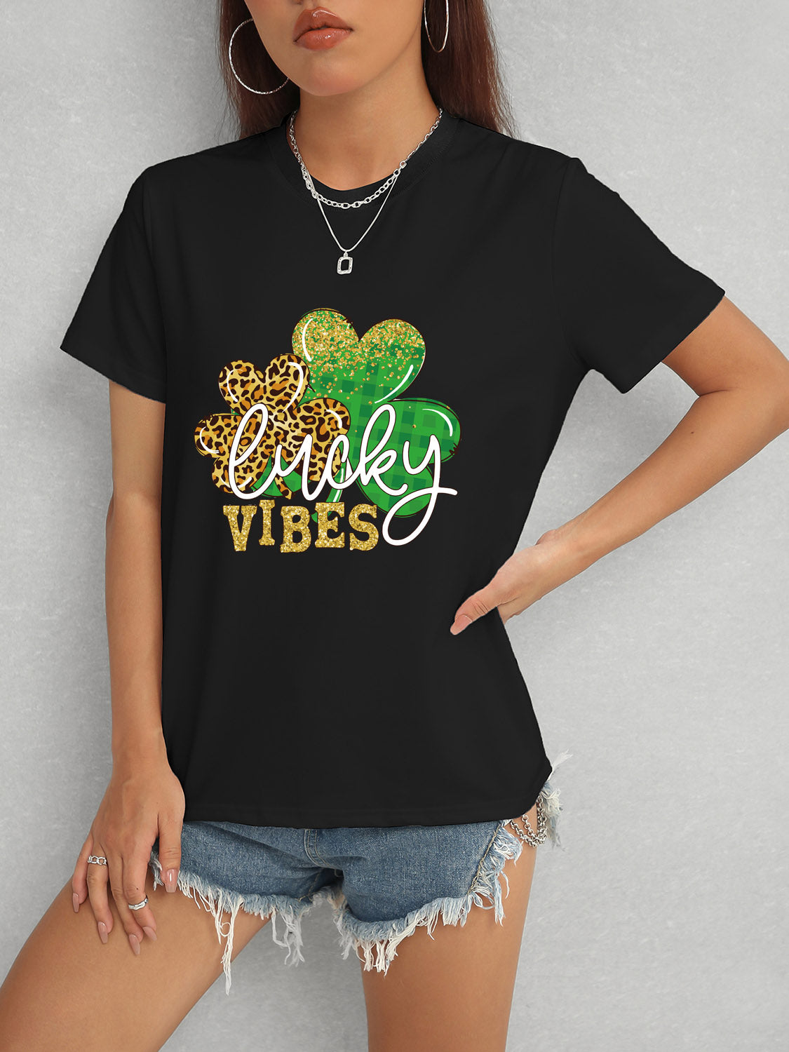 LUCKY VIBES Round Neck Short Sleeve T-Shirt-Angel Casuals