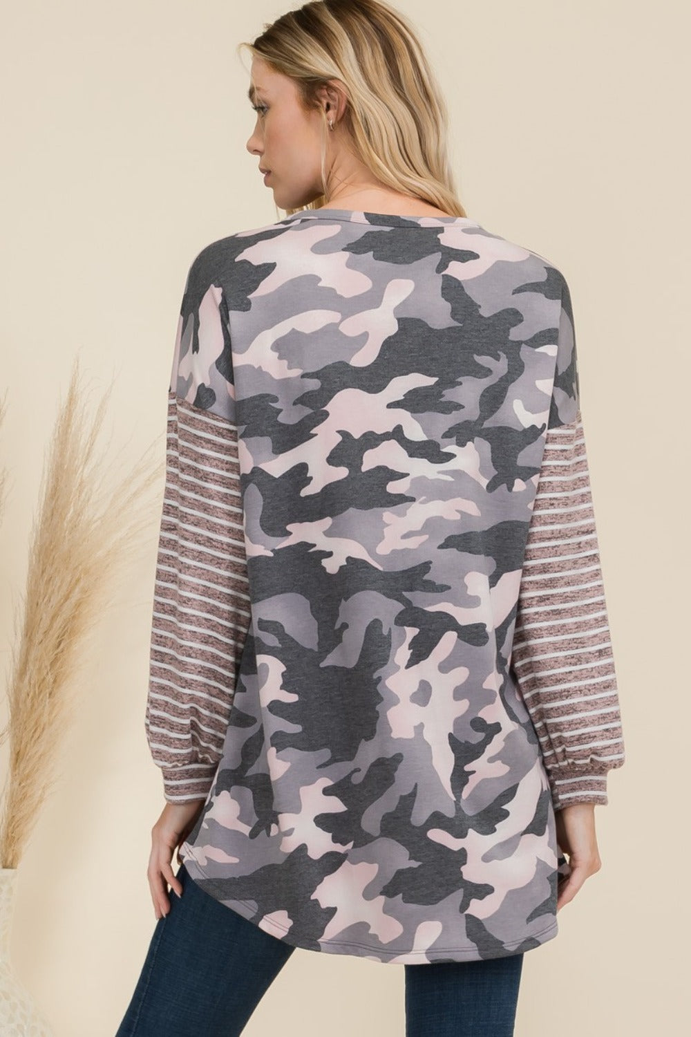 Celeste Full Size Camo Print High-Low T-Shirt with Stripe Sleeves-Angel Casuals