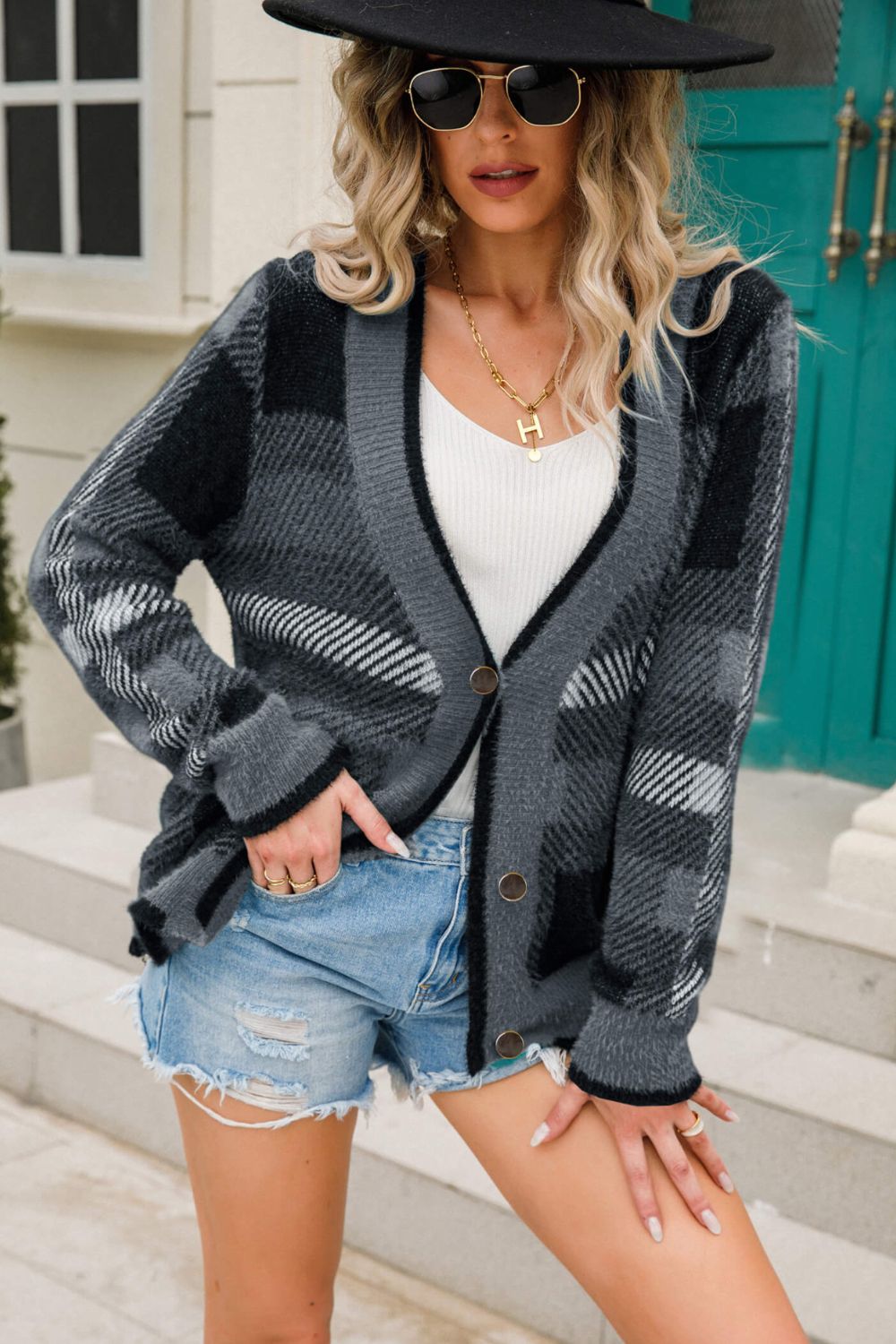 Striped Button-Front Fuzzy Cardigan-Angel Casuals