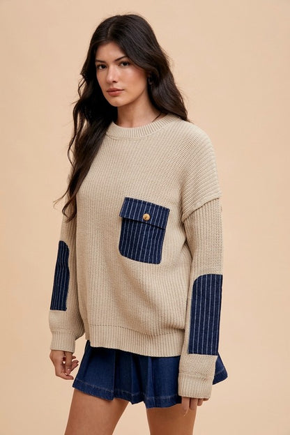 Annie Wear Contrast Round Neck Drop Shoulder Sweater with Patch Pocket-Angel Casuals