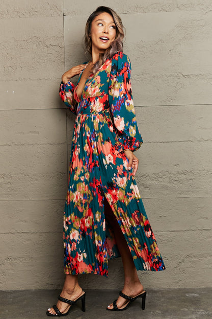 Printed Deep V Slit Pleated Dress-Angel Casuals