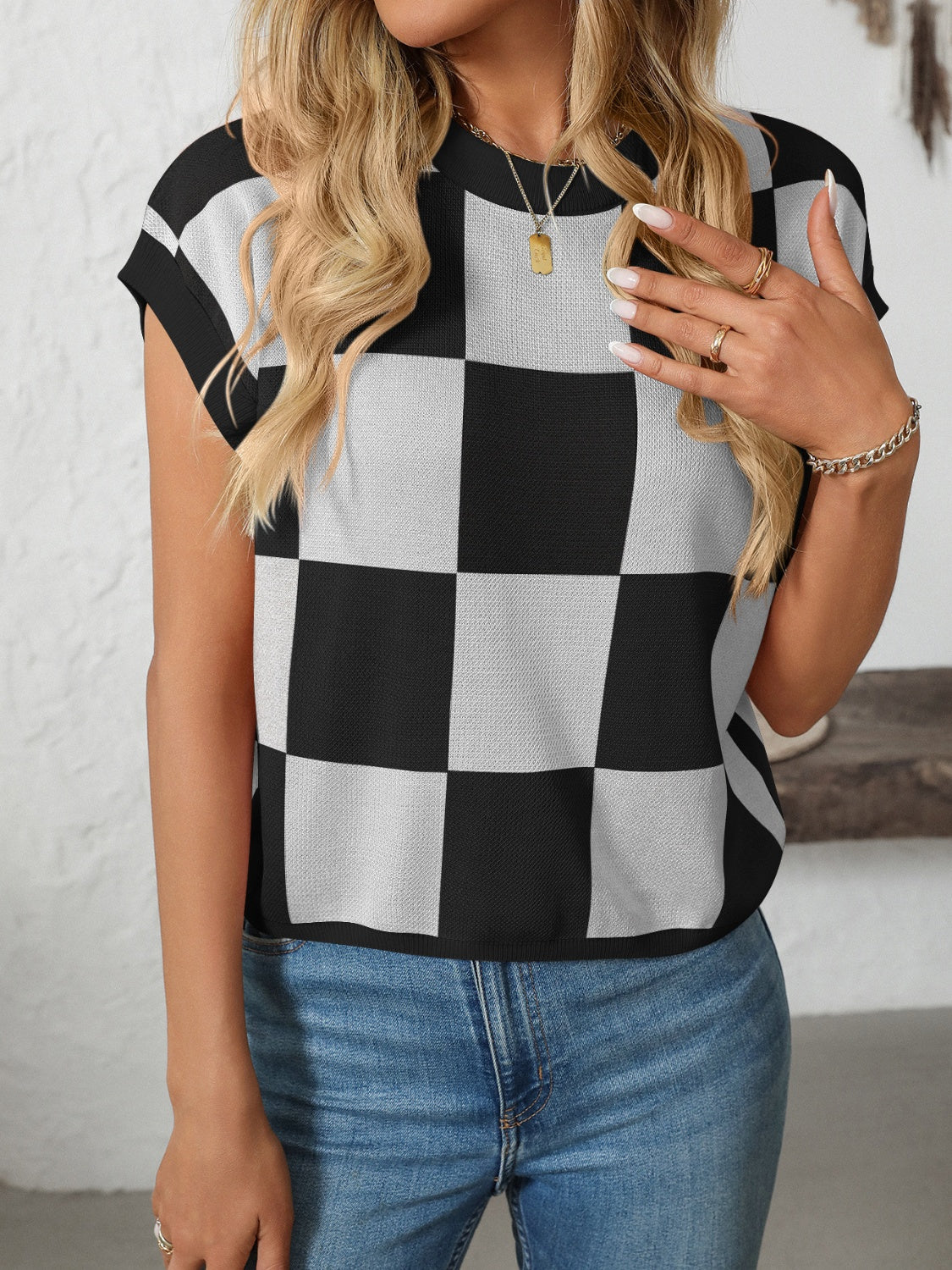 Mandy Checkered Round Neck Cap Sleeve Knit Top-Angel Casuals