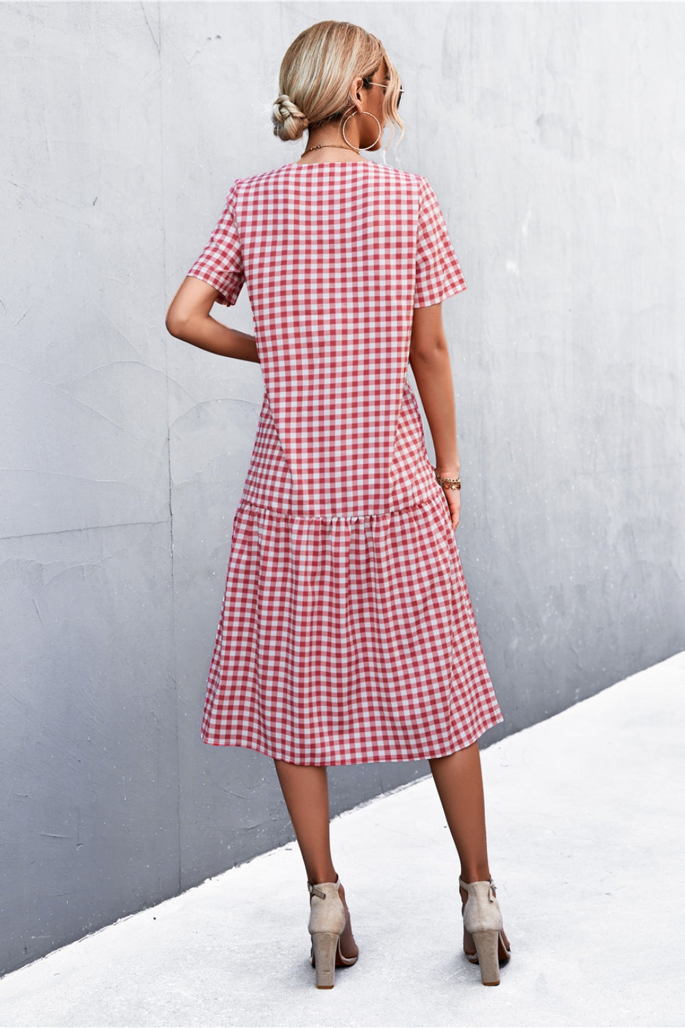 Plaid V-Neck Short Sleeve Dress-Angel Casuals