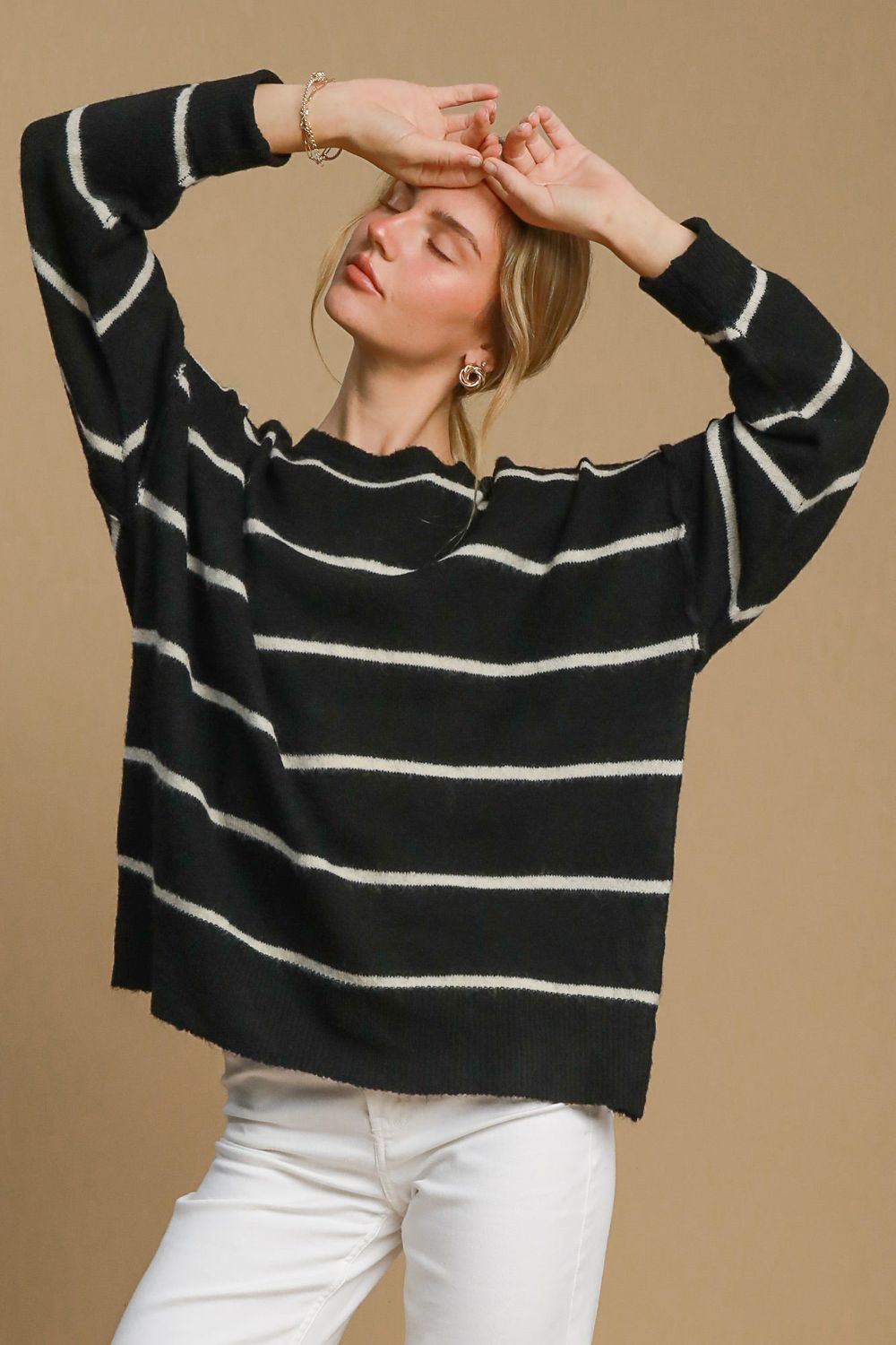 Umgee Wool Blend Striped Round Neck Sweater-Angel Casuals