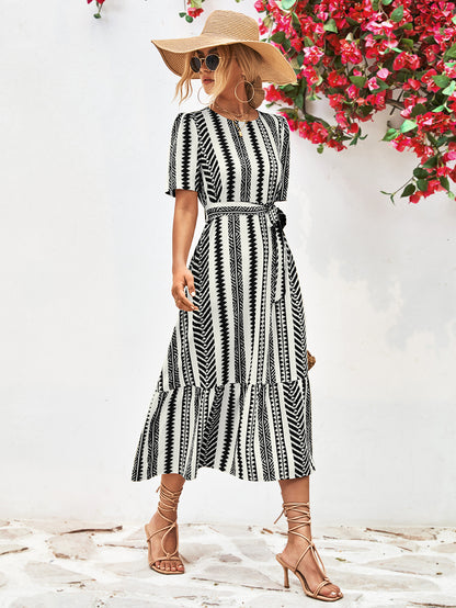 Striped Tie Belt Round Neck Puff Sleeve Dress-Angel Casuals