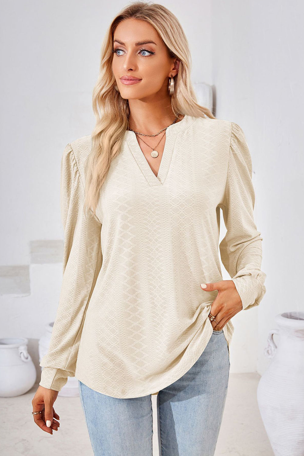 Notched Long Sleeve T-Shirt-Angel Casuals