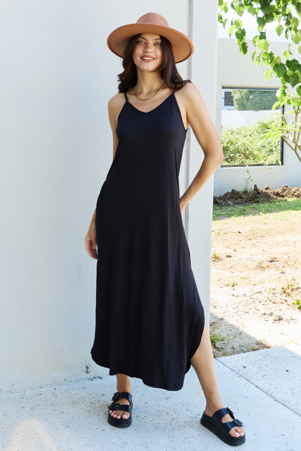 Ninexis Good Energy Full Size Cami Side Slit Maxi Dress in Black-Angel Casuals