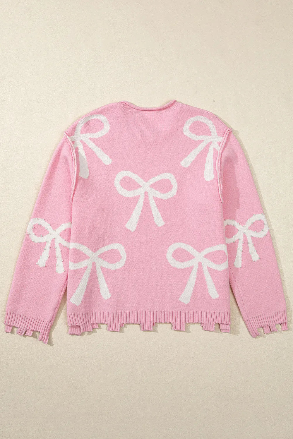 Pearl Detail Bow Round Neck Long Sleeve Sweater-Angel Casuals