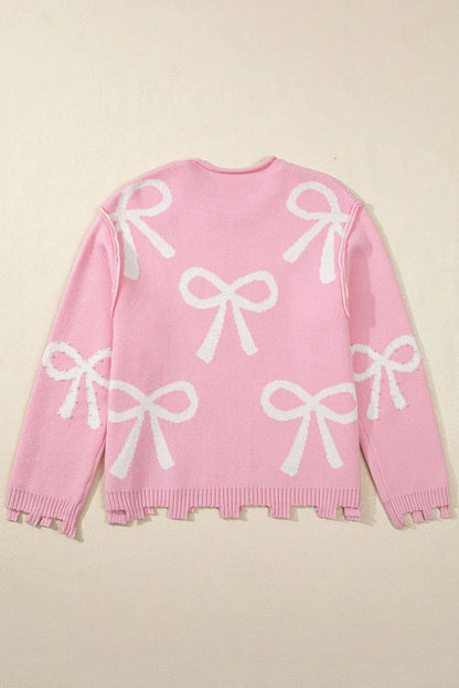 Pearl Detail Bow Round Neck Long Sleeve Sweater-Angel Casuals