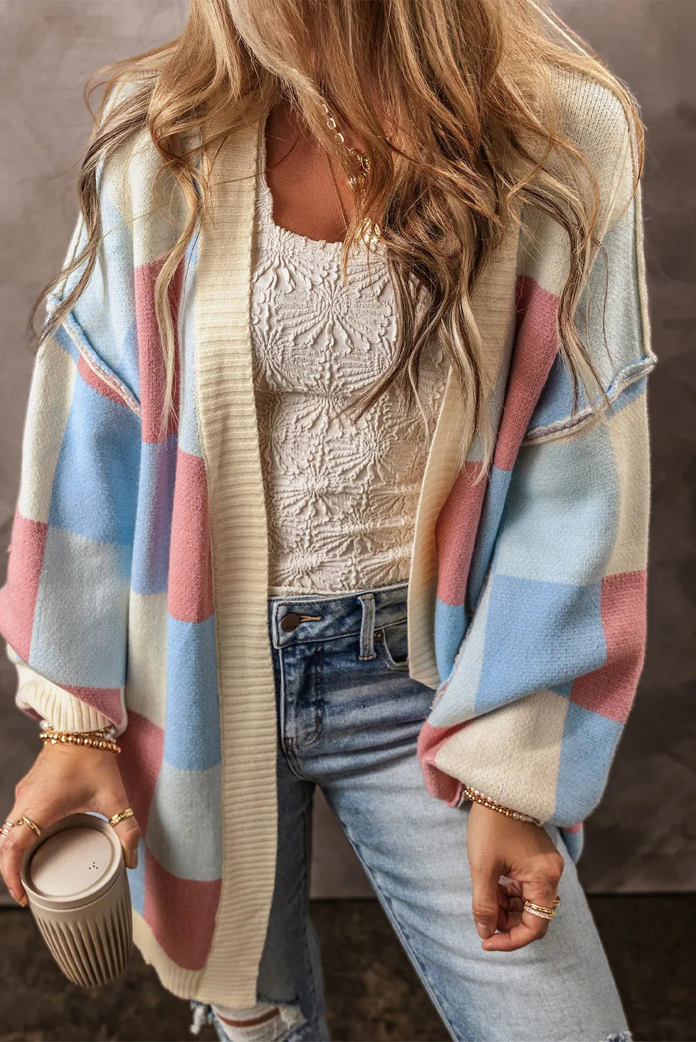 Color Block Open Front Long Sleeve Cardigan-Angel Casuals