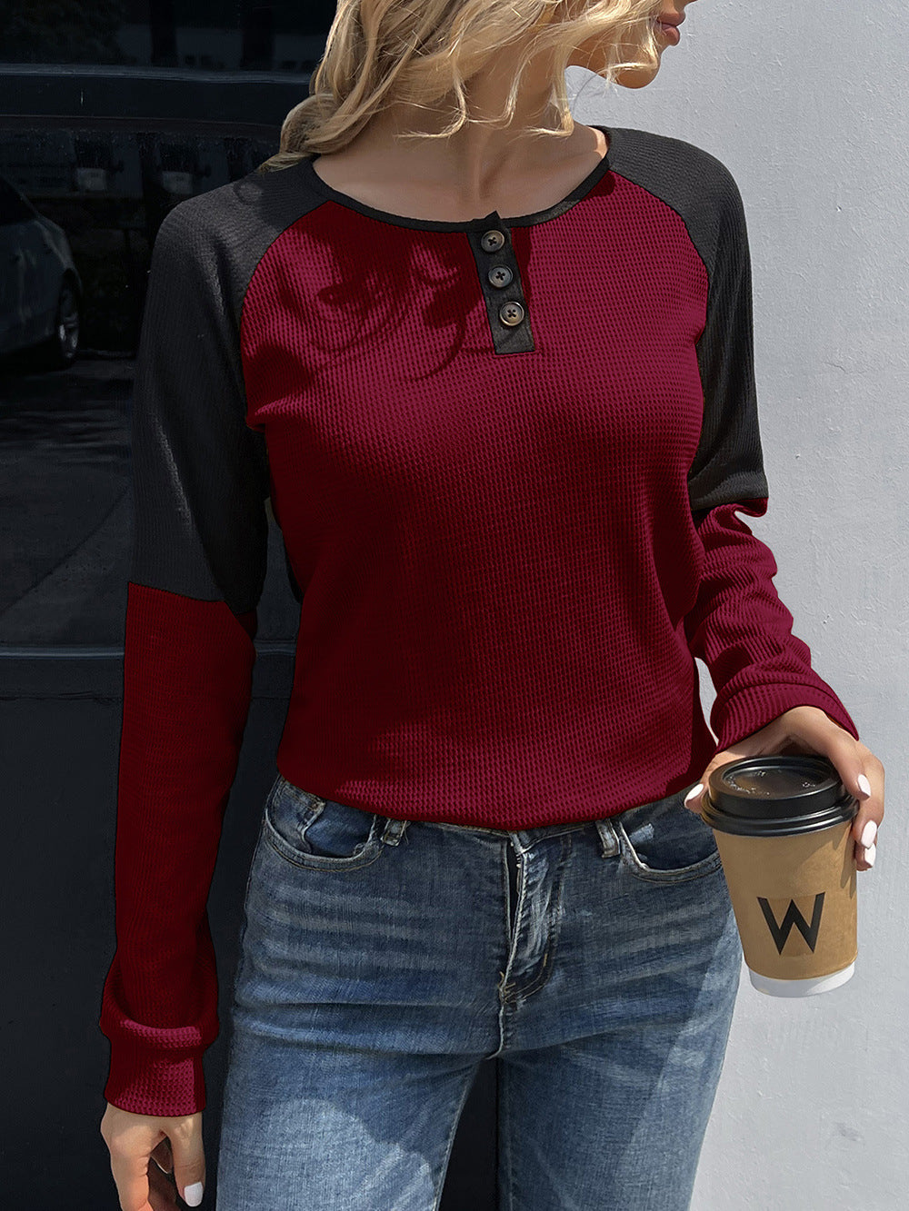 Contrast Buttoned Round Neck Raglan Sleeve Top-Angel Casuals