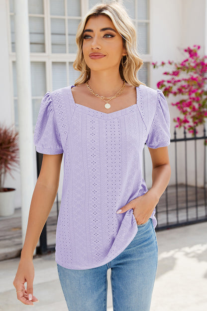 Eyelet Puff Sleeve T-Shirt-Angel Casuals