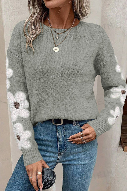 Flower Round Neck Long Sleeve Sweater-Angel Casuals