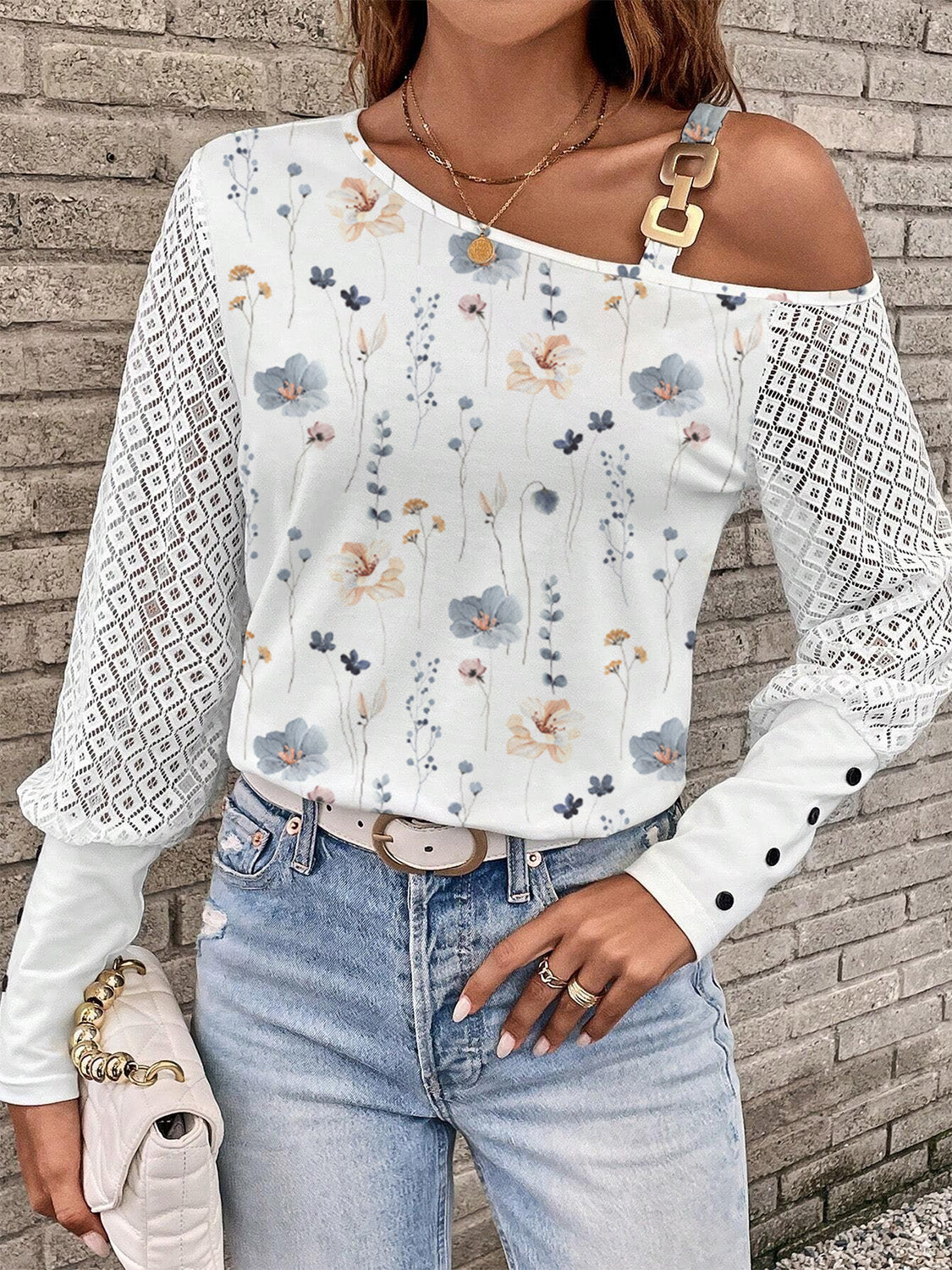 Printed Asymmetrical Neck Lantern Sleeve T-Shirt-Angel Casuals