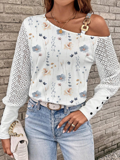 Printed Asymmetrical Neck Lantern Sleeve T-Shirt-Angel Casuals