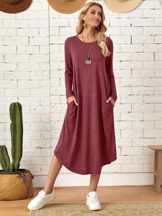 Pocketed Round Neck Long Sleeve Tee Dress-Angel Casuals