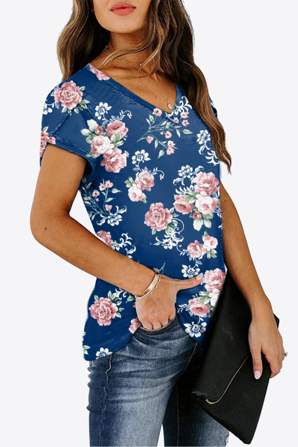 Printed Petal Sleeve V-Neck Blouse-Angel Casuals