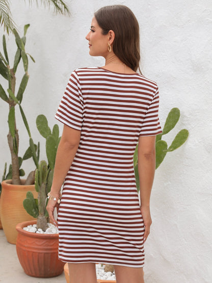 Cutout Striped Round Neck Short Sleeve Dress-Angel Casuals