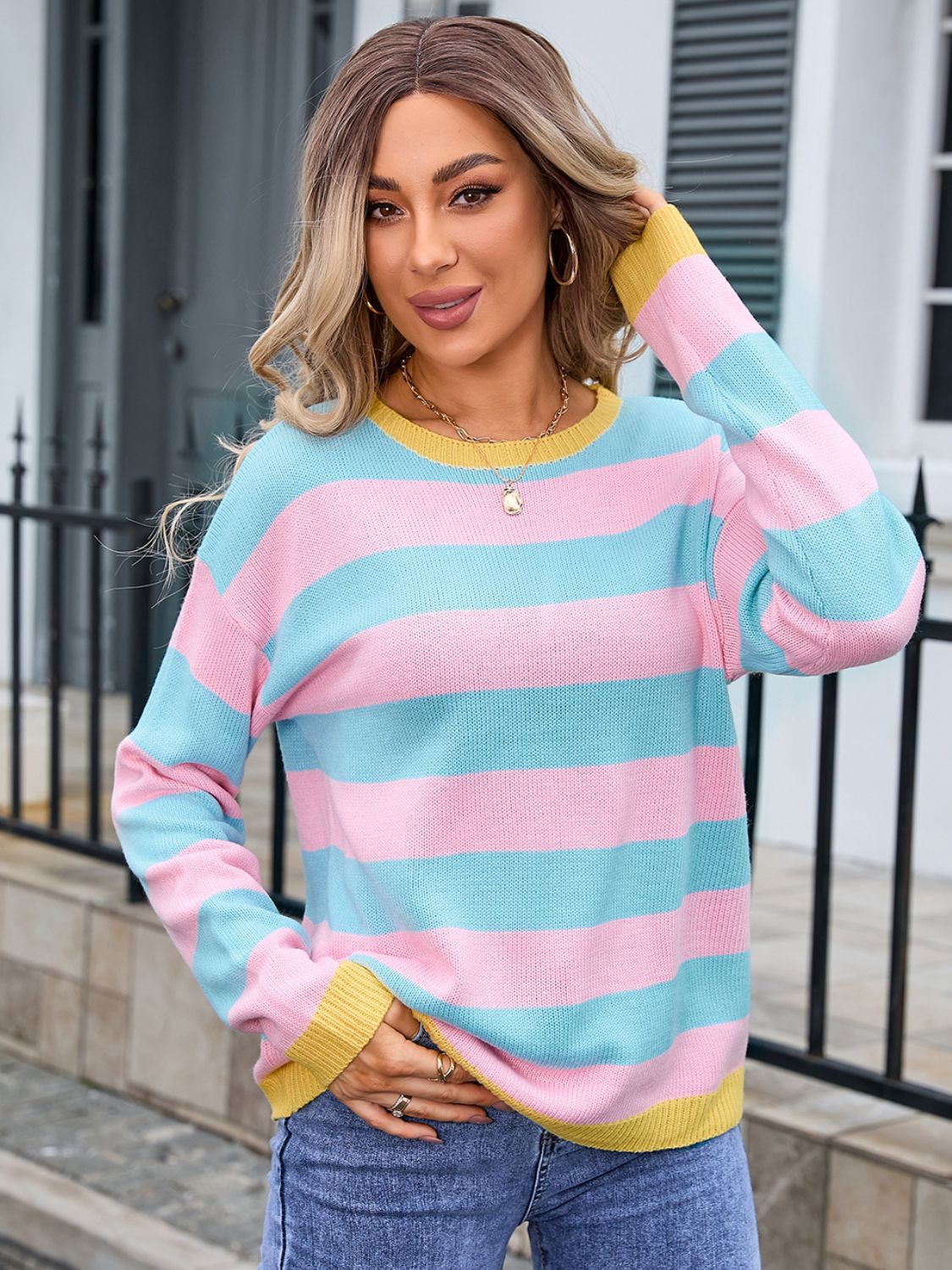 Angel Wings Striped Round Neck Dropped Shoulder Sweater-Angel Casuals