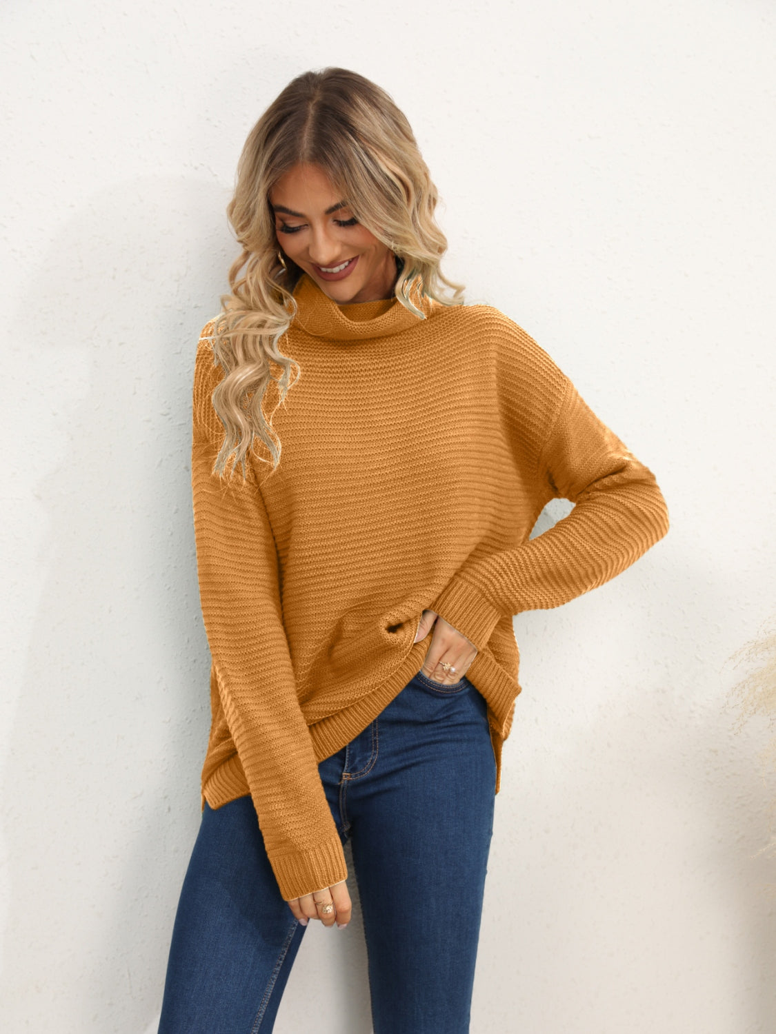 Slit Turtleneck Dropped Shoulder Sweater-Angel Casuals