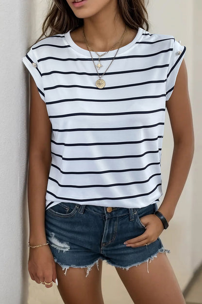 Decorative Button Round Neck T-Shirt-Angel Casuals
