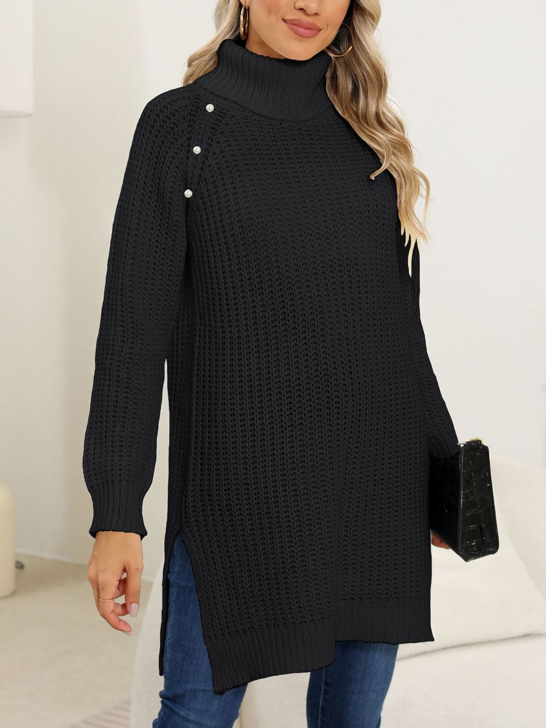 Slit Turtleneck Long Sleeve Sweater-Angel Casuals