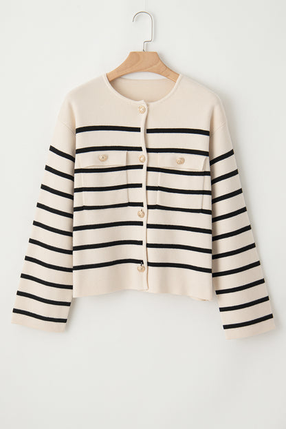 Striped Button Up Round Neck Cardigan-Angel Casuals