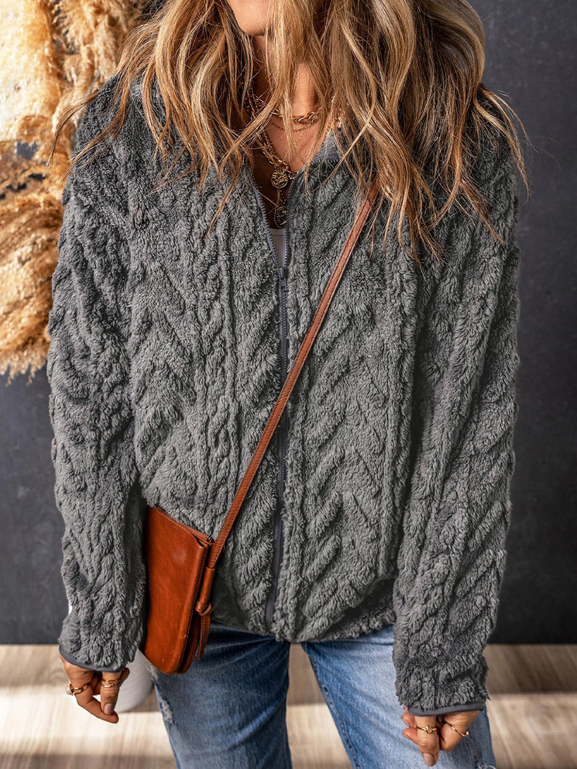 Fuzzy Zip Up Long Sleeve Jacket-Angel Casuals