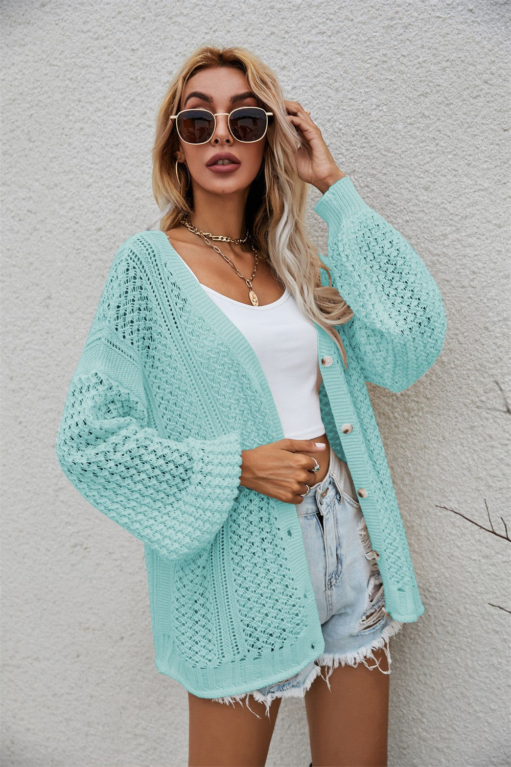 Openwork V-Neck Button Up Cardigan-Angel Casuals