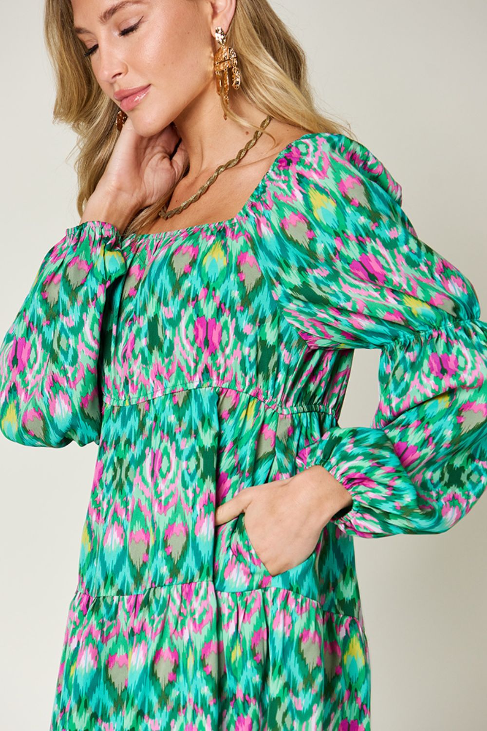 Double Take Full Size Printed Long Sleeve Dress-Angel Casuals