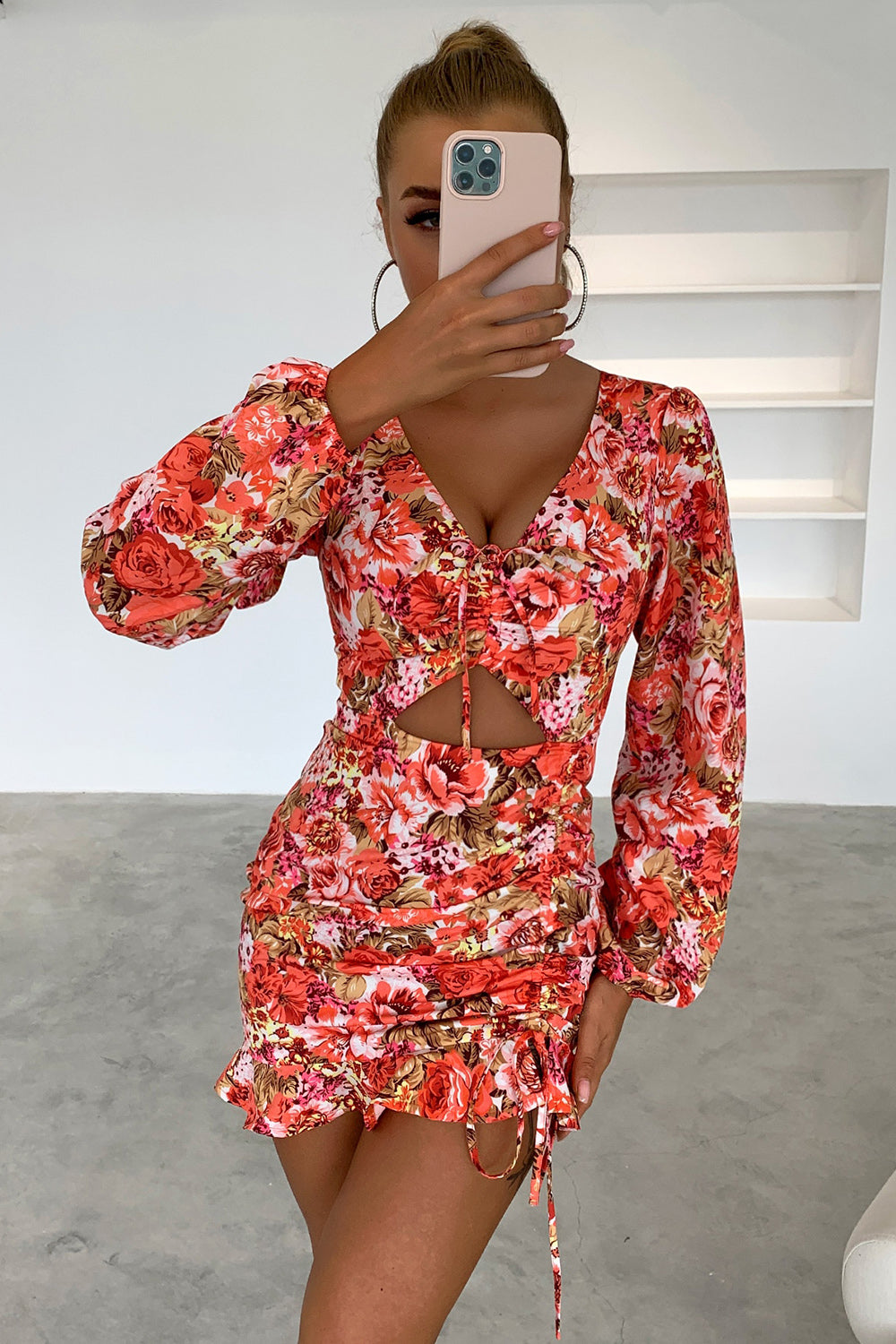 Floral Cutout Long Sleeve Mini Dress-Angel Casuals