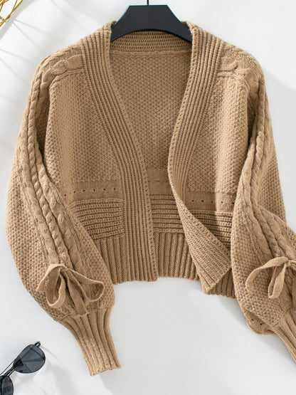 Cable-Knit Tied Open Front Lantern Sleeve Cardigan-Angel Casuals