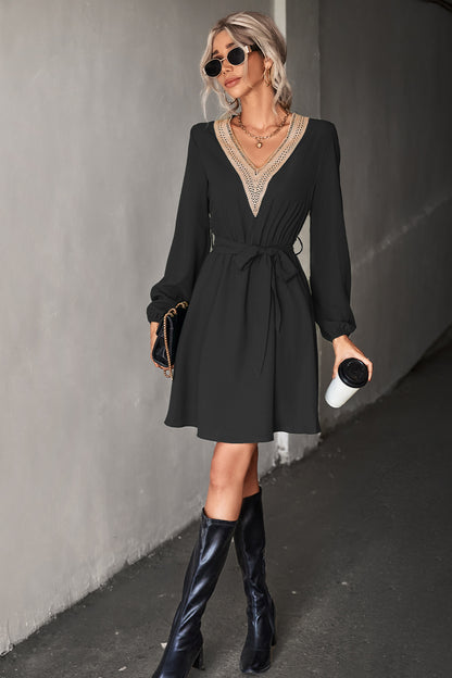 Contrast V-Neck Belted Dress-Angel Casuals