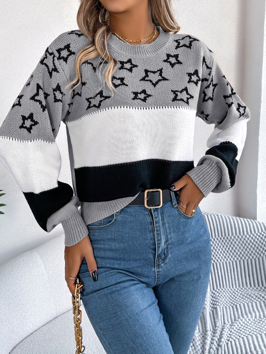 Star Contrast Round Neck Sweater-Angel Casuals