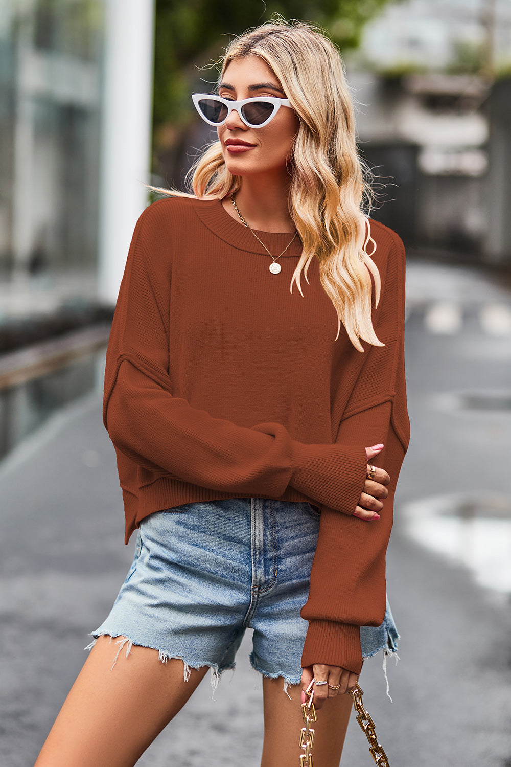 Round Neck Drop Shoulder Long Sleeve Sweater-Angel Casuals