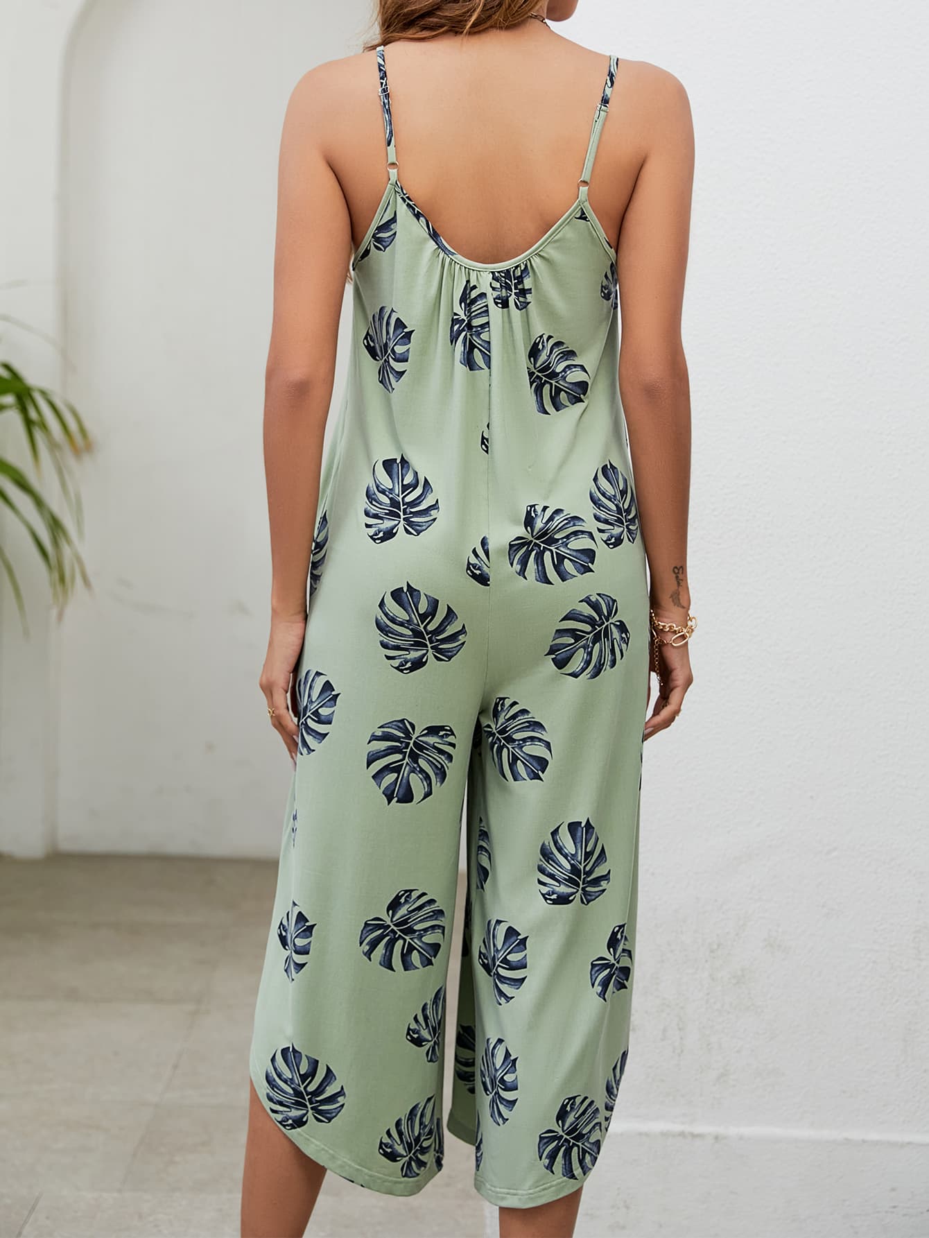 Botanical Print Spaghetti Strap Scoop Neck Jumpsuit-Angel Casuals