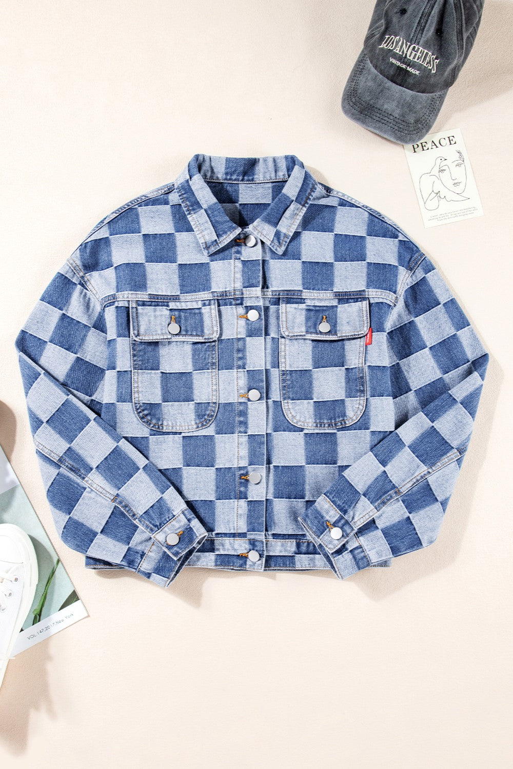 Checkered Button Up Long Sleeve Denim Jacket-Angel Casuals